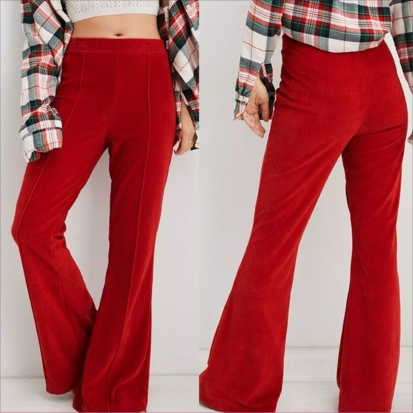 Aerie Red Ribbed Velour Flare Pants High Waisted Super Soft Size X-Small - Picture 1 of 6